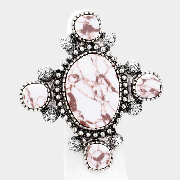 Howlite  Western Tribal Metal Stretch Ring - Picture 3 of 5